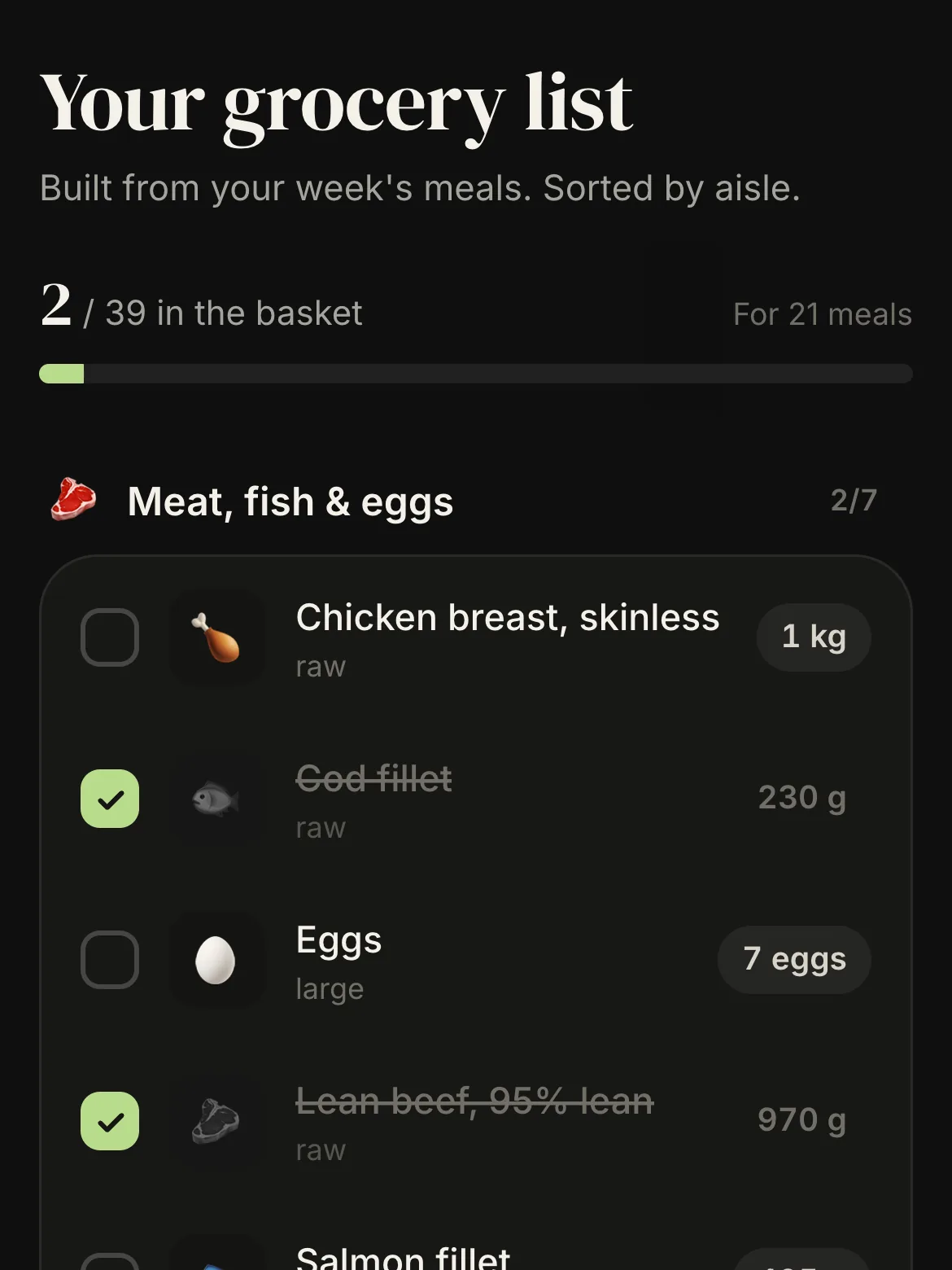 MealGain grocery list: basket progress bar, then meat, fish and eggs with food emojis and quantities, two items checked