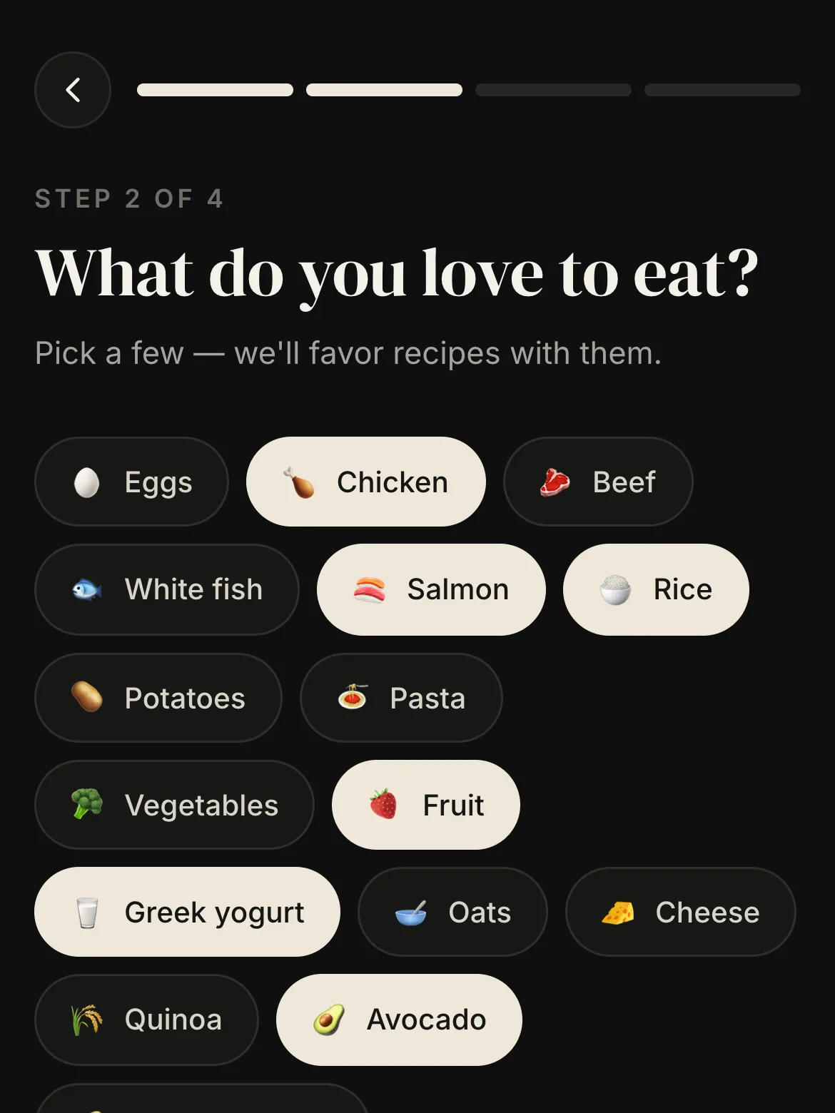 MealGain “What do you love to eat?” screen: food choices with emojis — chicken, salmon, rice, fruit, Greek yogurt and avocado selected