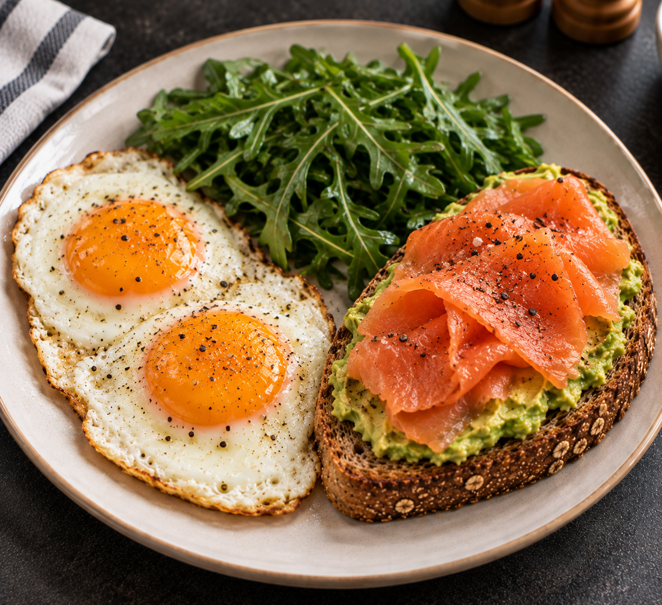 Fried eggs and avocado toast topped with smoked salmon and arugula