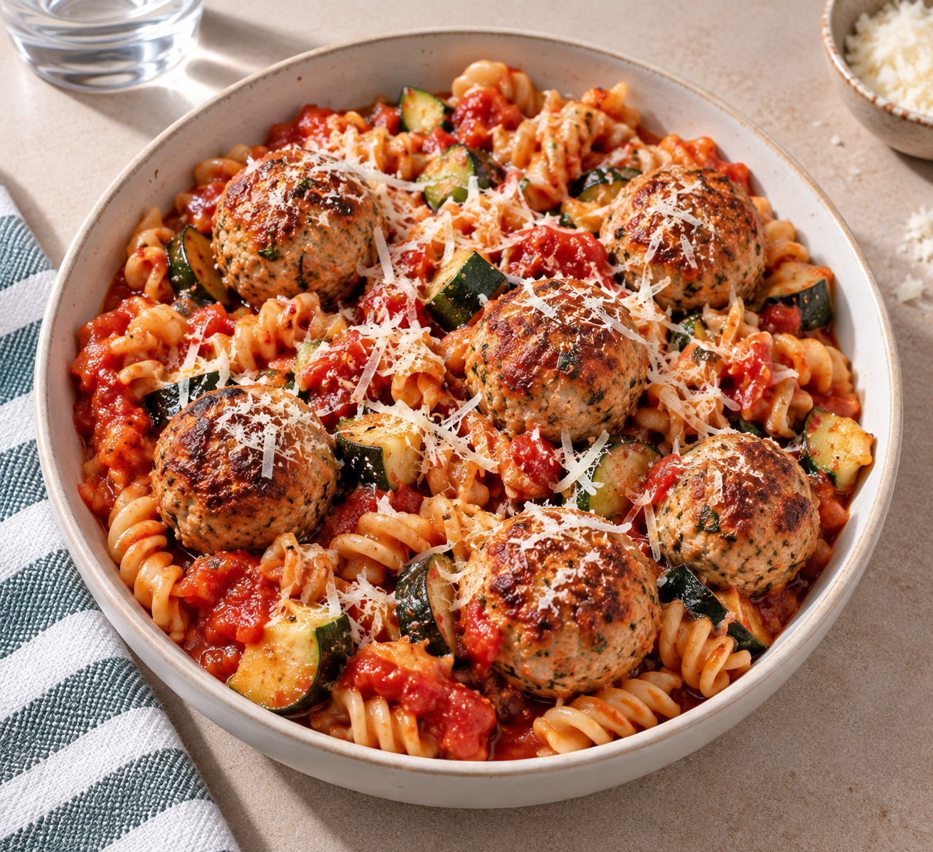 Turkey meatballs with tomato pasta and parmesan